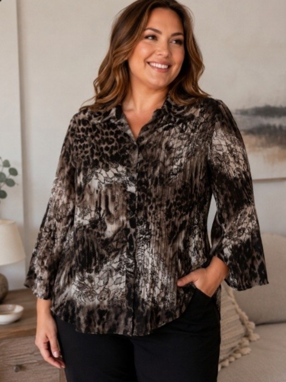 Fashion Bug Gray Black Sheer Animal Print Pleated Button Front Blouse Large